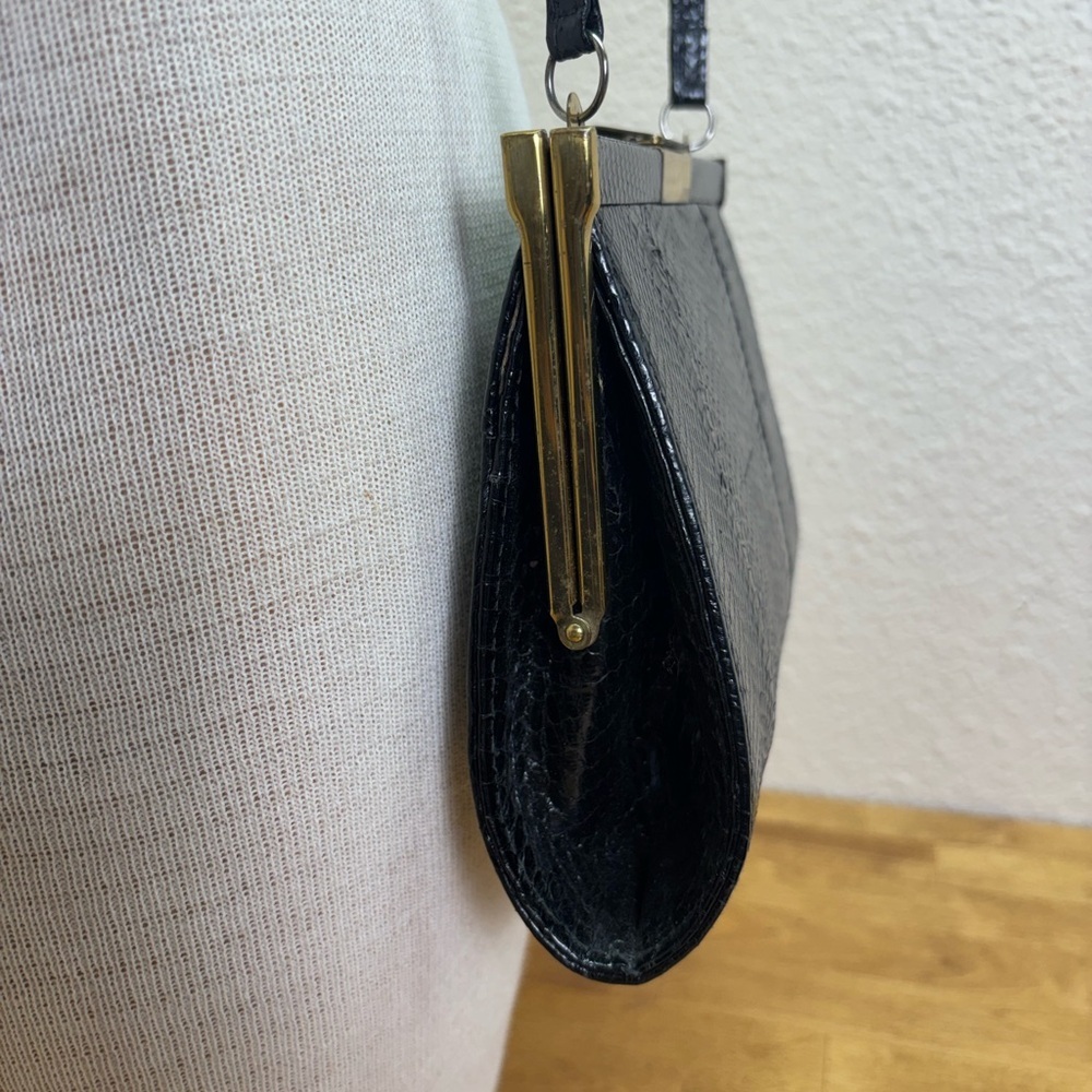 Vintage Black Genuine Lizard Skin Frame Bag - Suede Lined - Picture 4 of 13